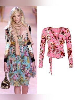 Vintage BLUMARINE S/S 2005 Floral Long Sleeve Wrap Top in Pink